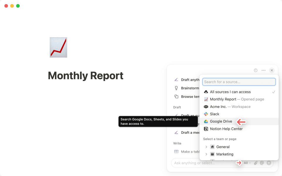 Select Google Drive from the Notion AI source picker to narrow your search scope.