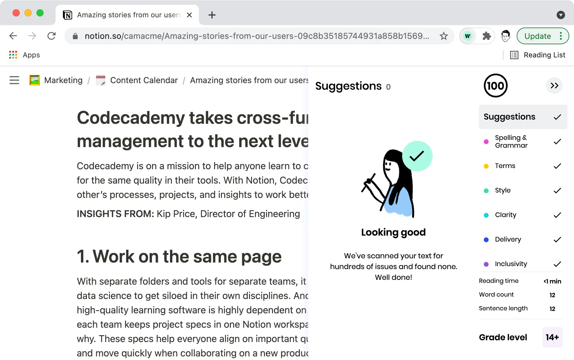 A Chrome window open with writer enabled
