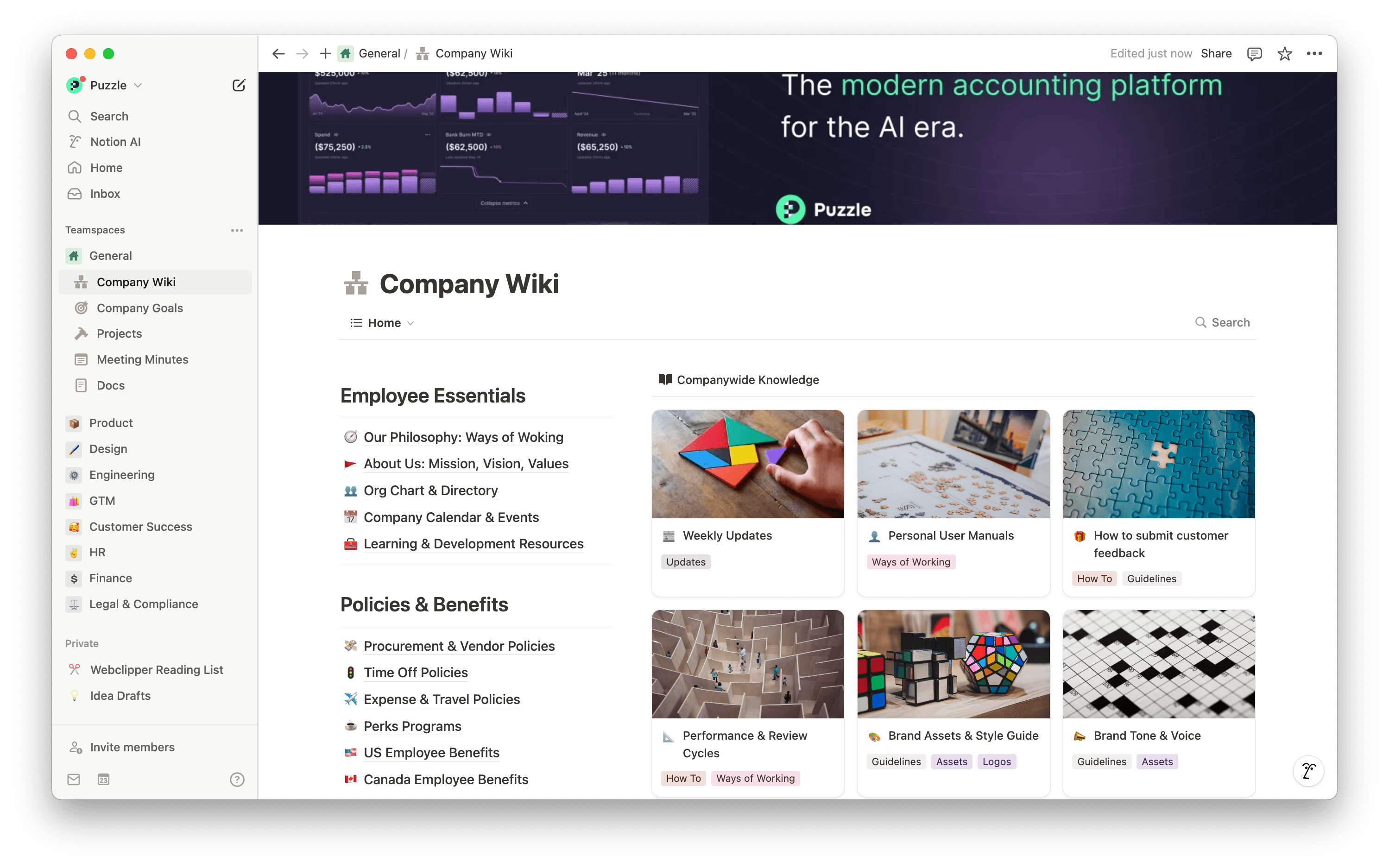 Puzzle’s central source for all company knowledge—easy to update, quick to find, and seamlessly connected to all our work.